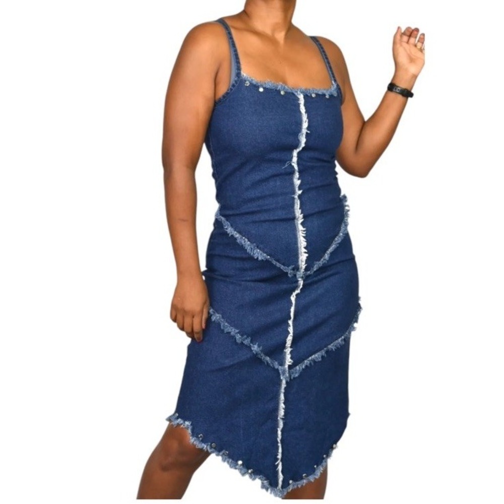 Vtg Y2k Denim Midi Dress Blue Frayed Raw Edge Studded XL 2000s Western Boho